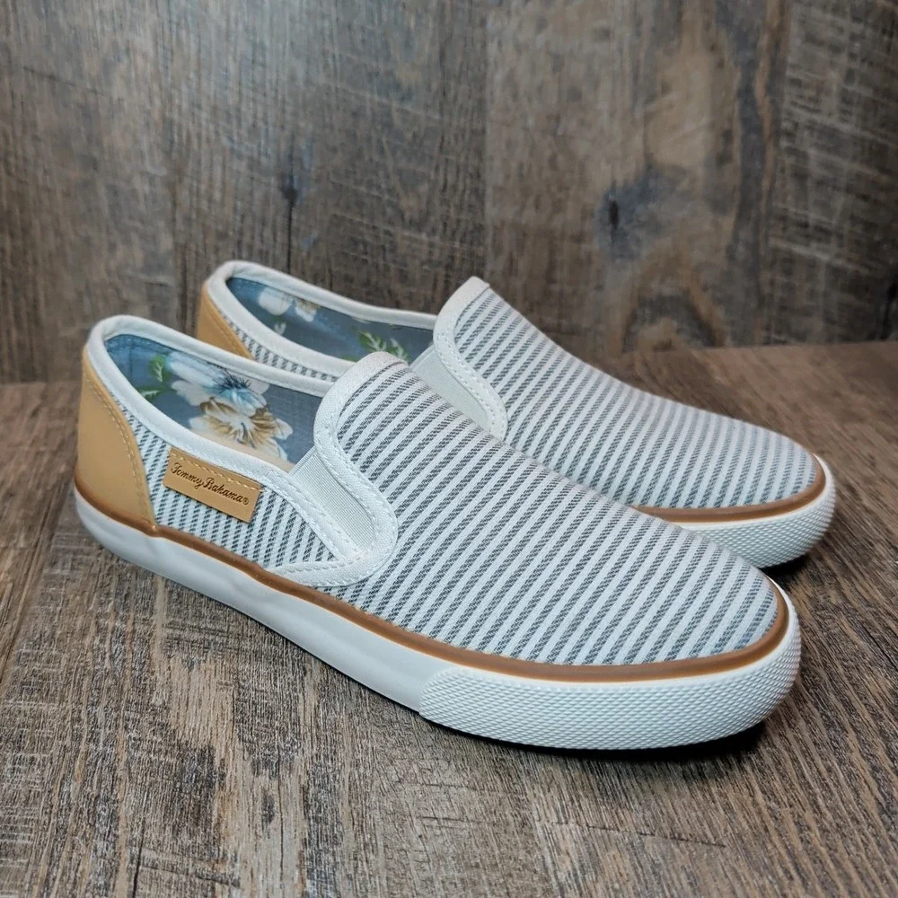 Tommy Bahama Slip On Sneakers Womens 7.5 Blue White Striped Canvas Low Top